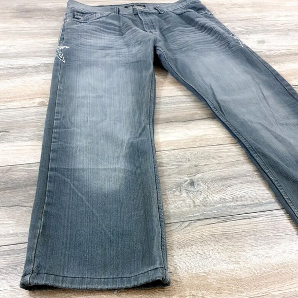 Chams Denim Jeans Men Women 36x28 Gray Distress Embriodered Casual Relaxed Wide - Picture 2 of 12